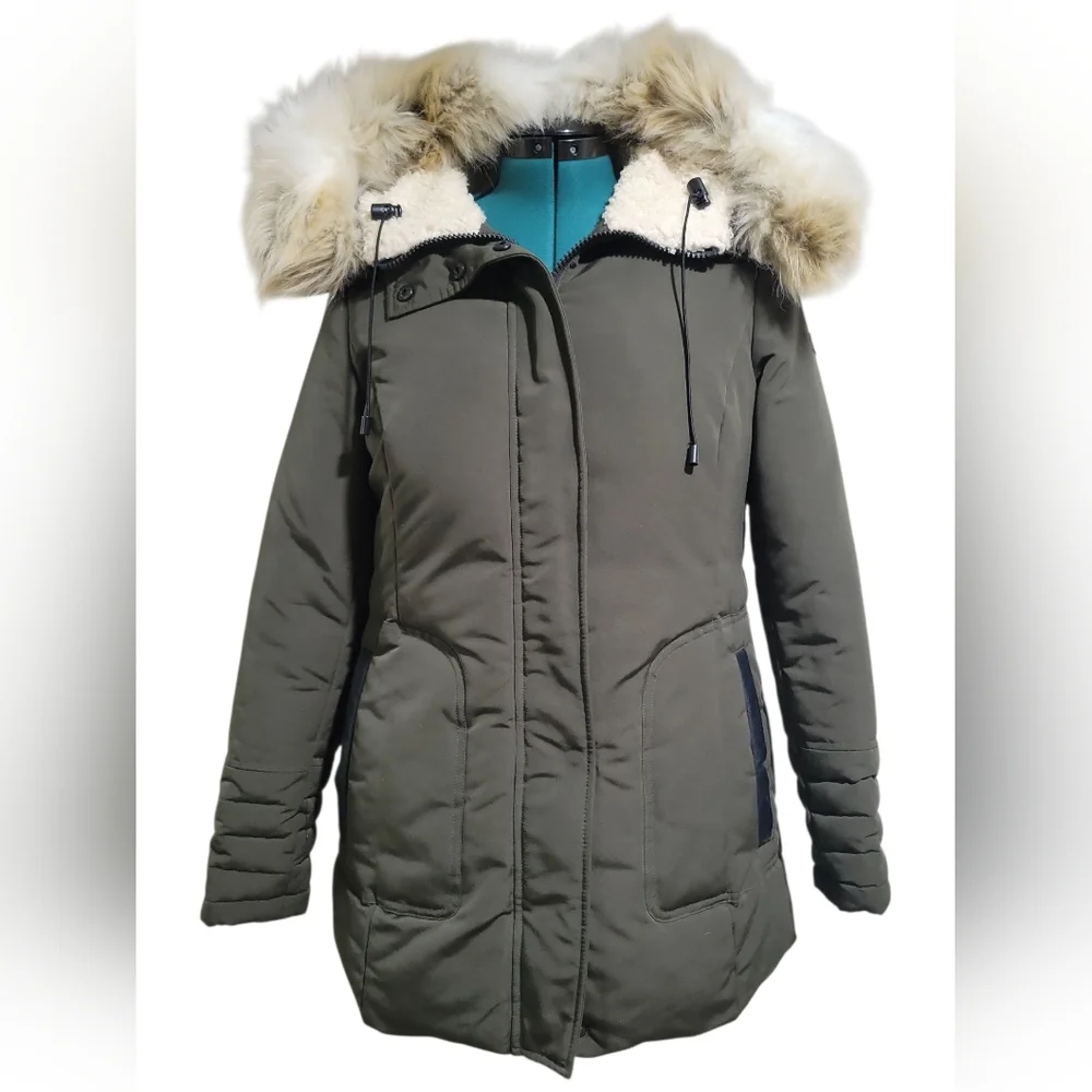 Sam Edelman Women's Faux Fur Lined Mid Puffer Coat Size M Green Removable Hood - Picture 2 of 16